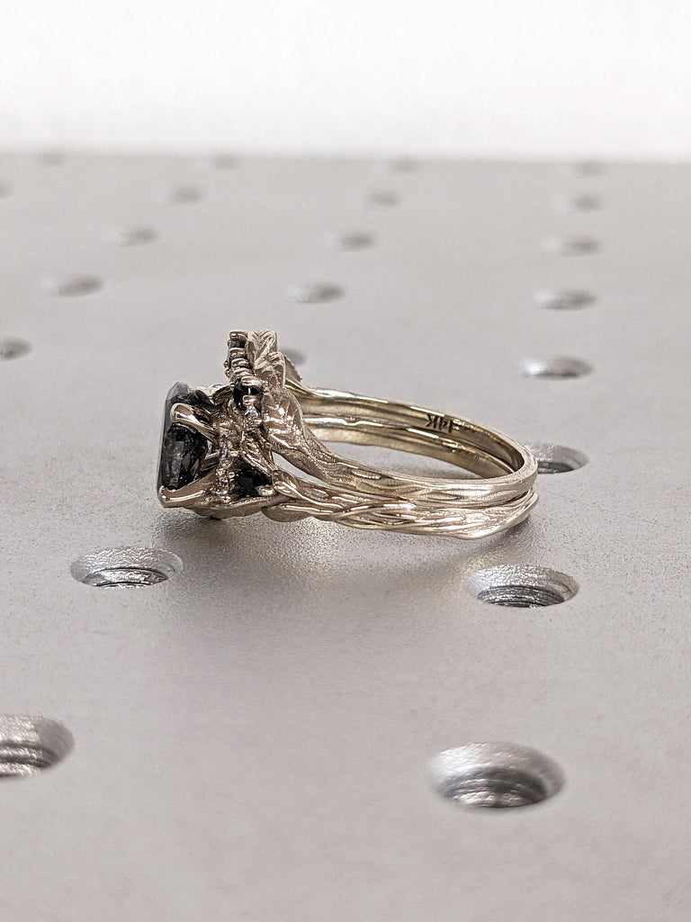 Handmade Ring Rustic Engagement Ring | Oval Salt and Pepper Grey Diamond Promise Ring | Wedding Ring Set of 2 | Real Gold Rings for Women