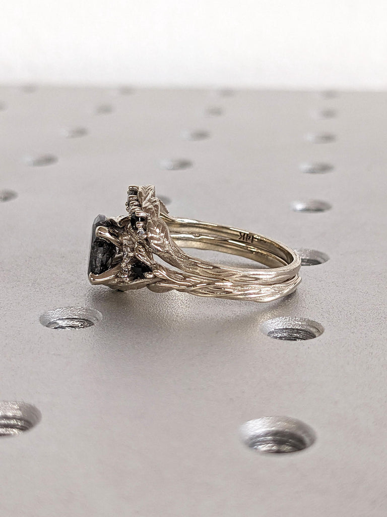 Branch and Leaf Black Diamond Matching Ring Set | Nature Inspired White Gold Curved Wedding Ring | Salt and Pepper Diamond Promise Ring