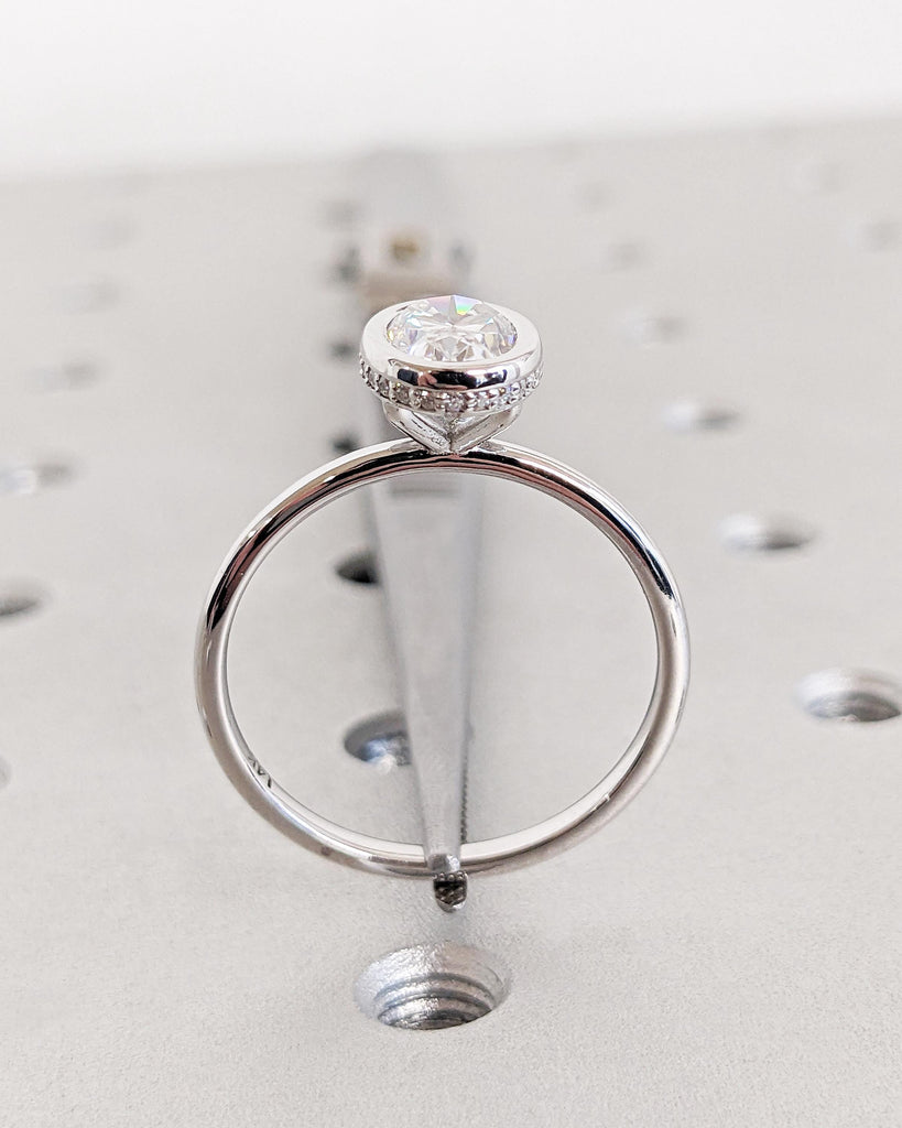 Bezel Set Oval Moissanite Solitaire Engagement Ring | Custom 14K White Gold Diamond Hidden Halo Wedding Anniversary Ring for Her | Oval Ring