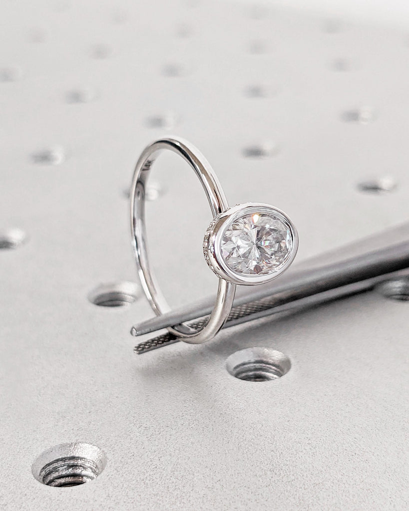 Bezel Set Oval Moissanite Solitaire Engagement Ring | Custom 14K White Gold Diamond Hidden Halo Wedding Anniversary Ring for Her | Oval Ring