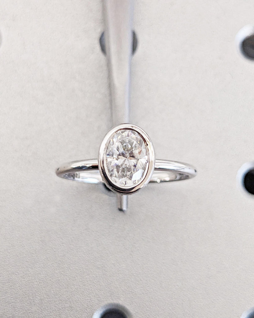Bezel Set Oval Moissanite Solitaire Engagement Ring | Custom 14K White Gold Diamond Hidden Halo Wedding Anniversary Ring for Her | Oval Ring