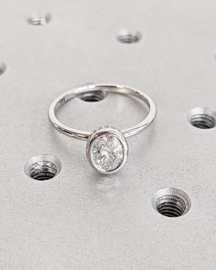 Bezel Set Oval Moissanite Solitaire Engagement Ring | Custom 14K White Gold Diamond Hidden Halo Wedding Anniversary Ring for Her | Oval Ring