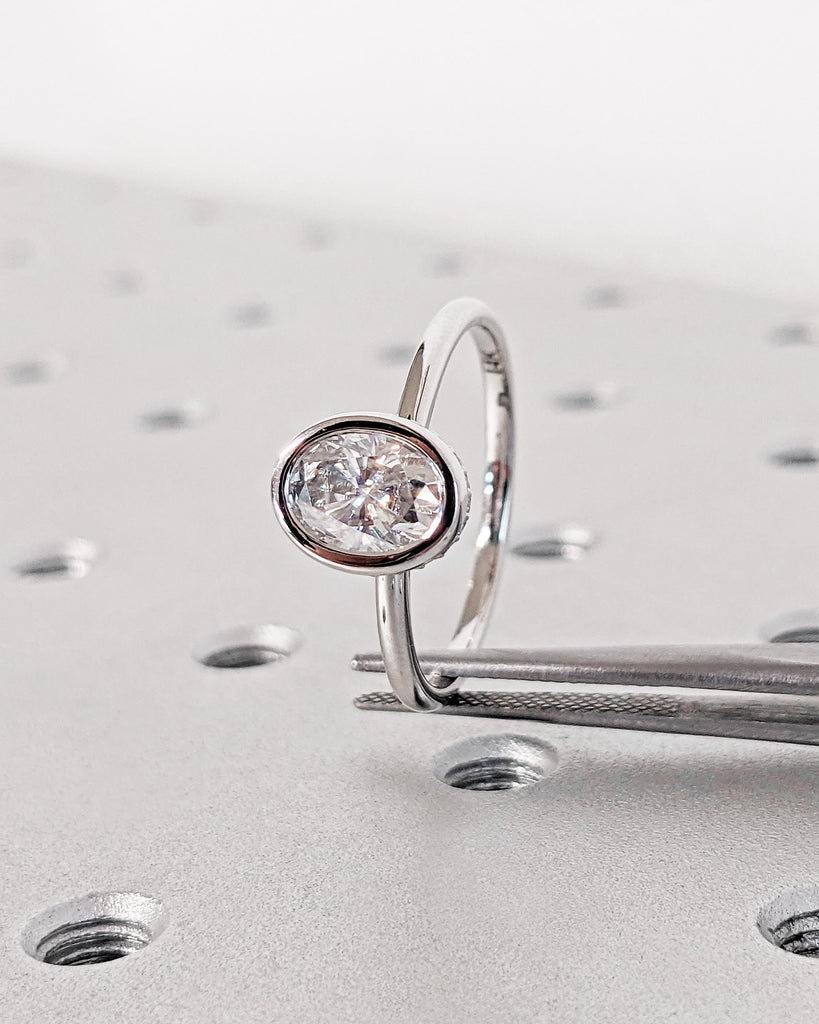 Bezel Set Oval Moissanite Solitaire Engagement Ring | Custom 14K White Gold Diamond Hidden Halo Wedding Anniversary Ring for Her | Oval Ring