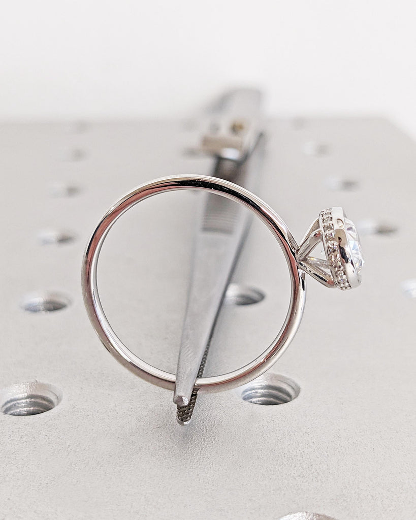Bezel Set Oval Moissanite Solitaire Engagement Ring | Custom 14K White Gold Diamond Hidden Halo Wedding Anniversary Ring for Her | Oval Ring