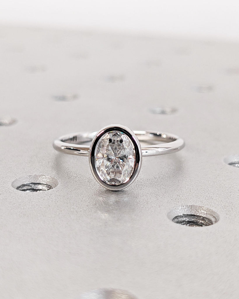 Bezel Set Oval Moissanite Solitaire Engagement Ring | Custom 14K White Gold Diamond Hidden Halo Wedding Anniversary Ring for Her | Oval Ring