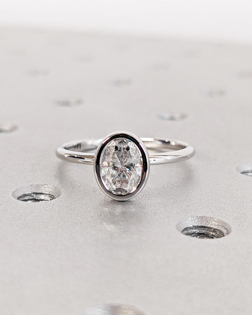 Oval Lab Diamond Solitaire Wedding Anniversary Ring | 14K White Gold Diamond Hidden Halo Promise Ring | Bezel Set Statement Ring | Oval Ring