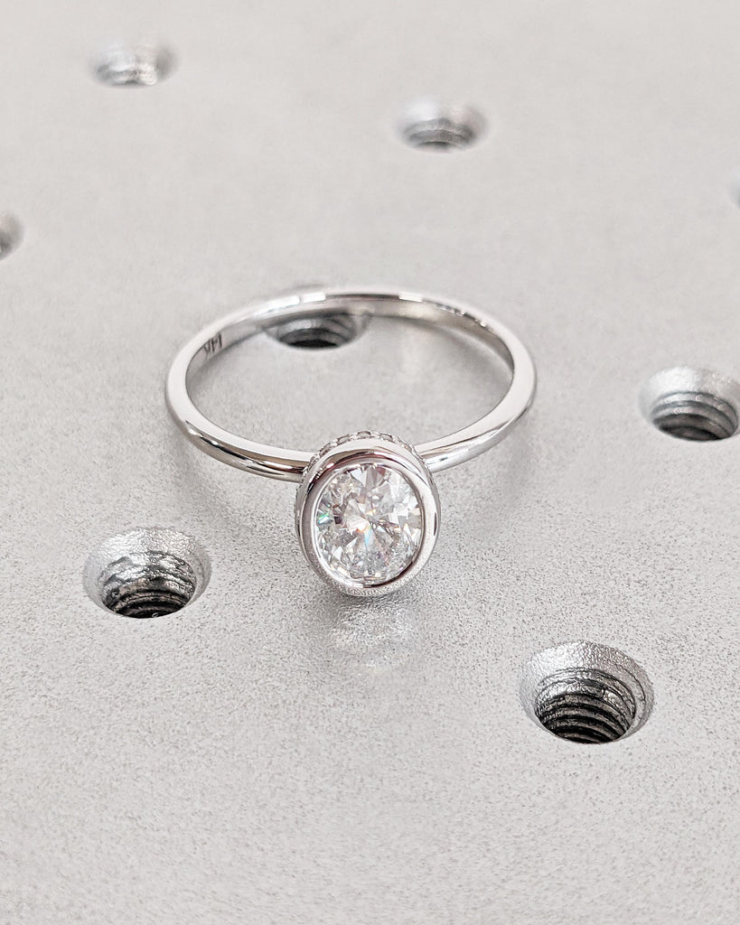 Oval Lab Diamond Solitaire Wedding Anniversary Ring | 14K White Gold Diamond Hidden Halo Promise Ring | Bezel Set Statement Ring | Oval Ring