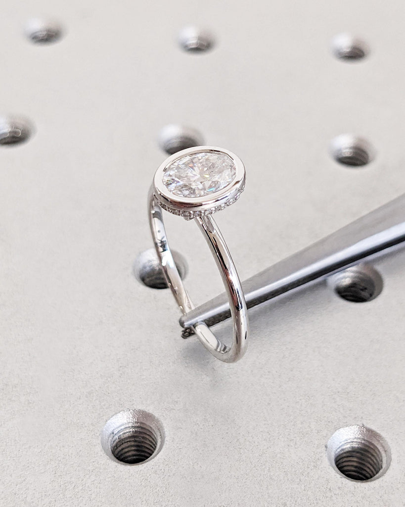 Oval Lab Diamond Solitaire Wedding Anniversary Ring | 14K White Gold Diamond Hidden Halo Promise Ring | Bezel Set Statement Ring | Oval Ring