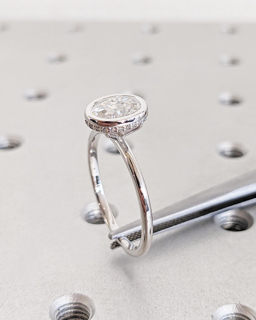 14K White Gold Crushed Ice Oval Lab Grown Diamond Solitaire Ring / 1 Carat Oval Engagement Ring / Bezel Set Hidden Halo Promise Ring for Her