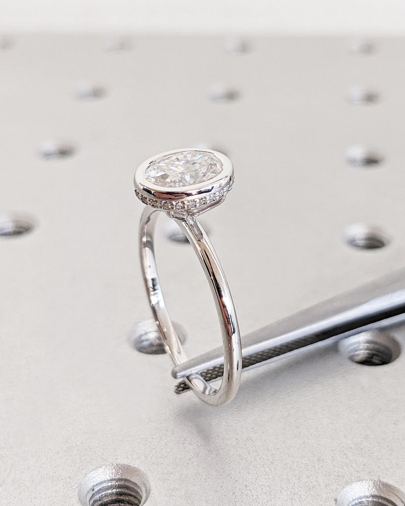 1CT Oval Lab Diamond Solitaire Wedding Anniversary Ring | 14K White Gold Diamond Hidden Halo Promise Ring | Bezel Set Statement Ring for Her