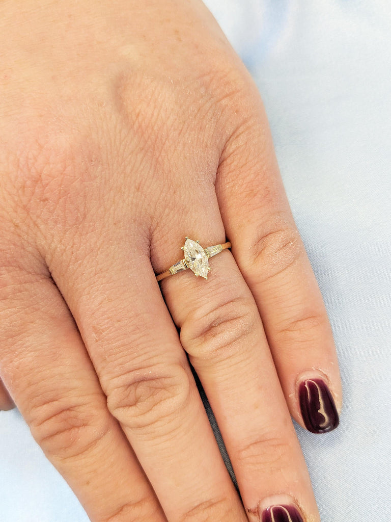 Dainty 14k Gold Women Wedding Ring, Marquise Moissanite Ring, Art Deco Moissanite Anniversary Rings for Women, Unique Tapered Baguette Ring