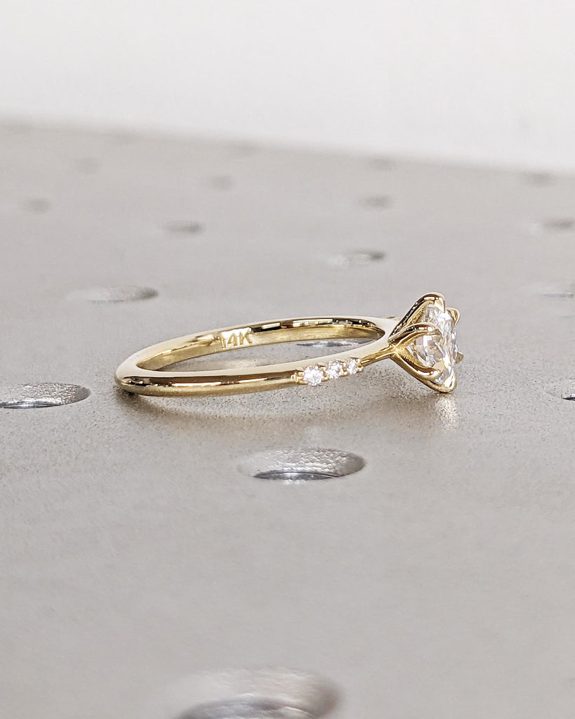 Round Moissanite 14K Yellow Gold Engagement Ring | Unique 6 Prong Diamond Cluster Promise Ring | Minimalist Engagement Ring | Wedding Rings