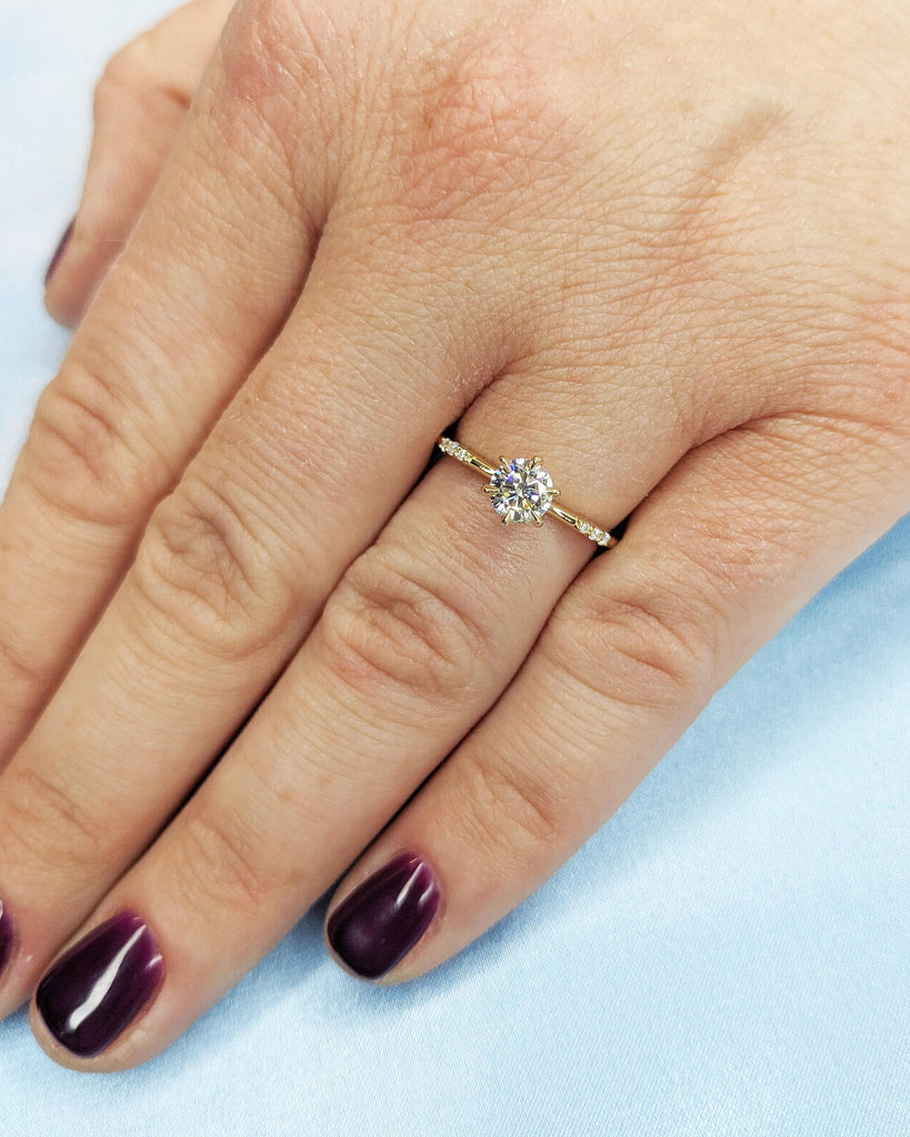 Round Moissanite 14K Yellow Gold Engagement Ring | Unique 6 Prong Diamond Cluster Promise Ring | Minimalist Engagement Ring | Wedding Rings