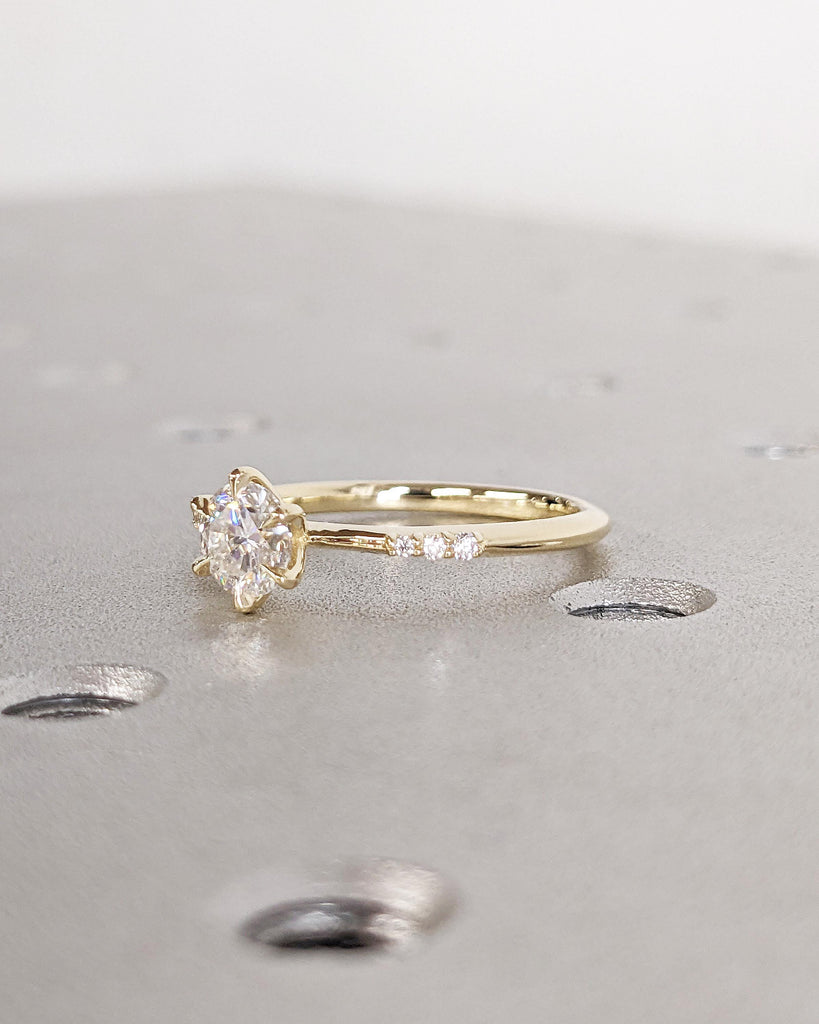 Round Moissanite 14K Yellow Gold Engagement Ring | Unique 6 Prong Diamond Cluster Promise Ring | Minimalist Engagement Ring | Wedding Rings