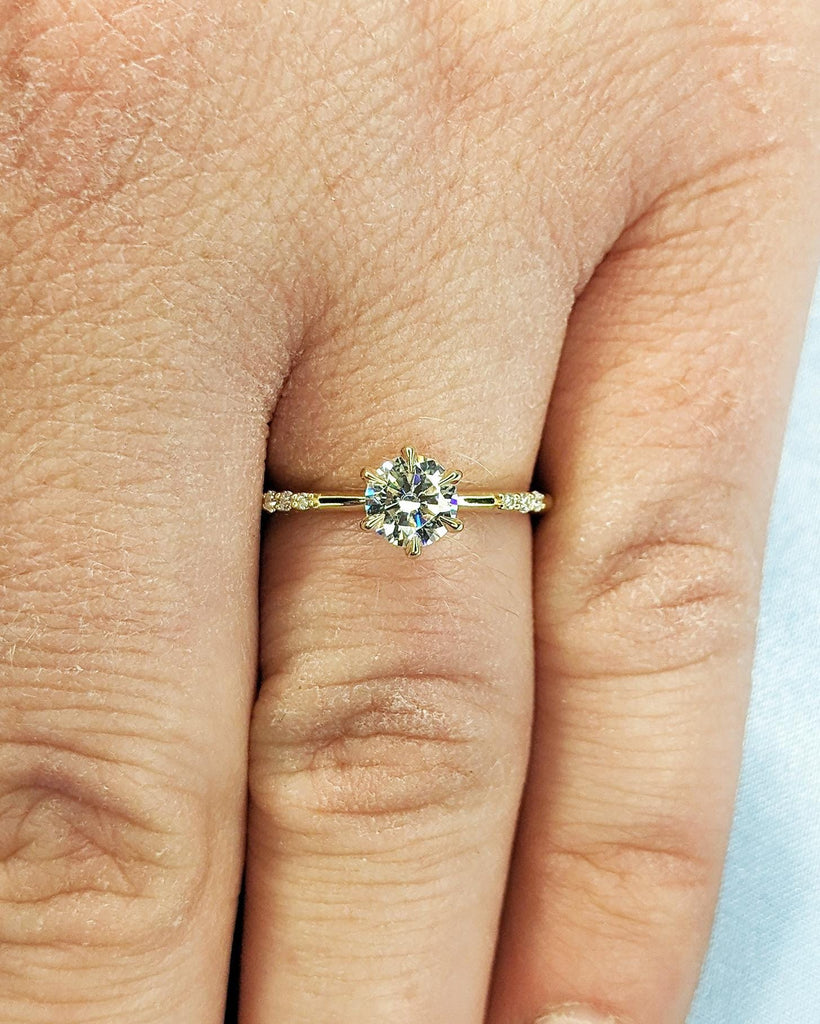 Round Moissanite 14K Yellow Gold Engagement Ring | Unique 6 Prong Diamond Cluster Promise Ring | Minimalist Engagement Ring | Wedding Rings