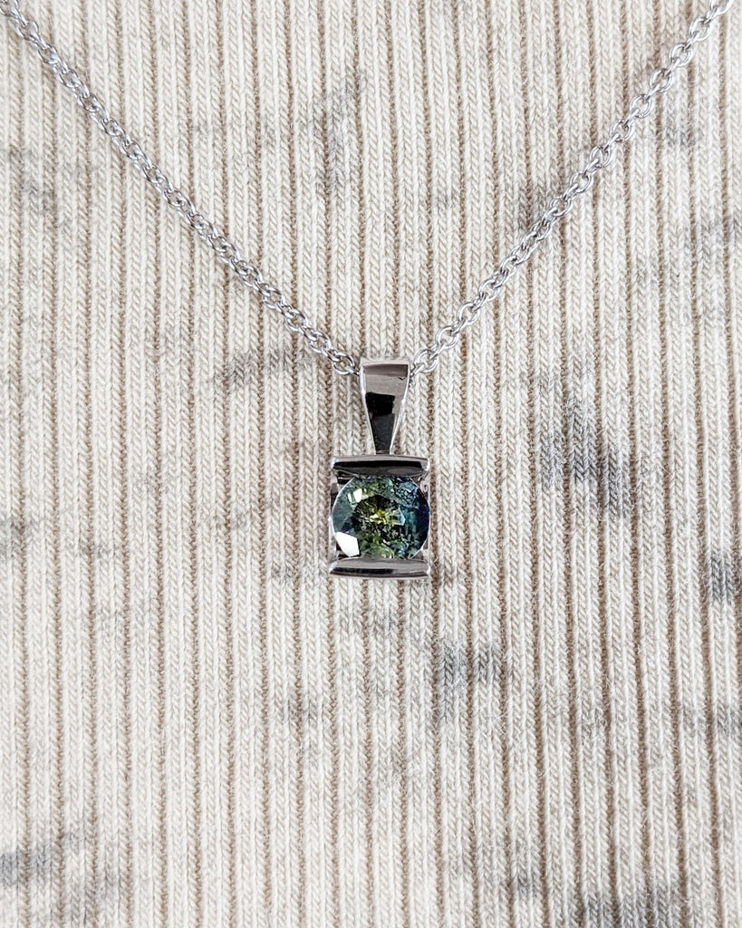 0.5ct Blue Green Sapphire Round Solitaire Necklace | 18k White Gold Necklace for Girlfriend | Everyday Wear Gold Chain Necklace
