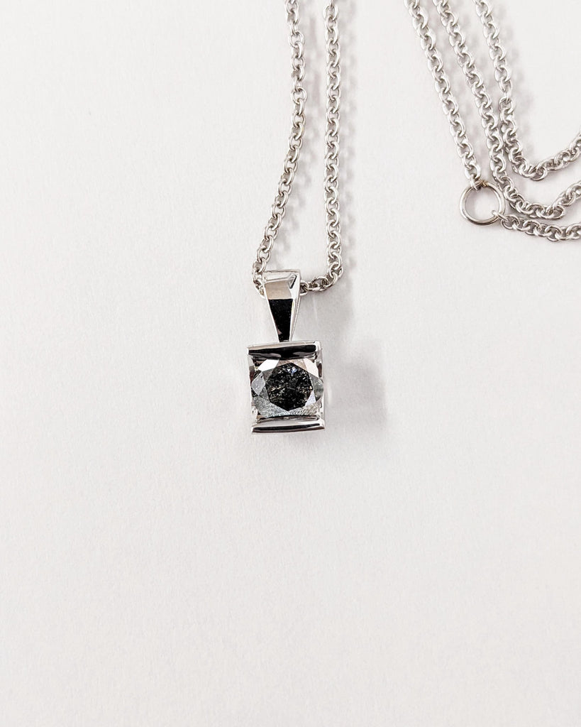 0.5ct Black Diamond Round Solitaire Necklace | 18k White Gold Necklace for Girlfriend | Everyday Wear Gold Chain Necklace | Salt and Pepper Diamond Necklace