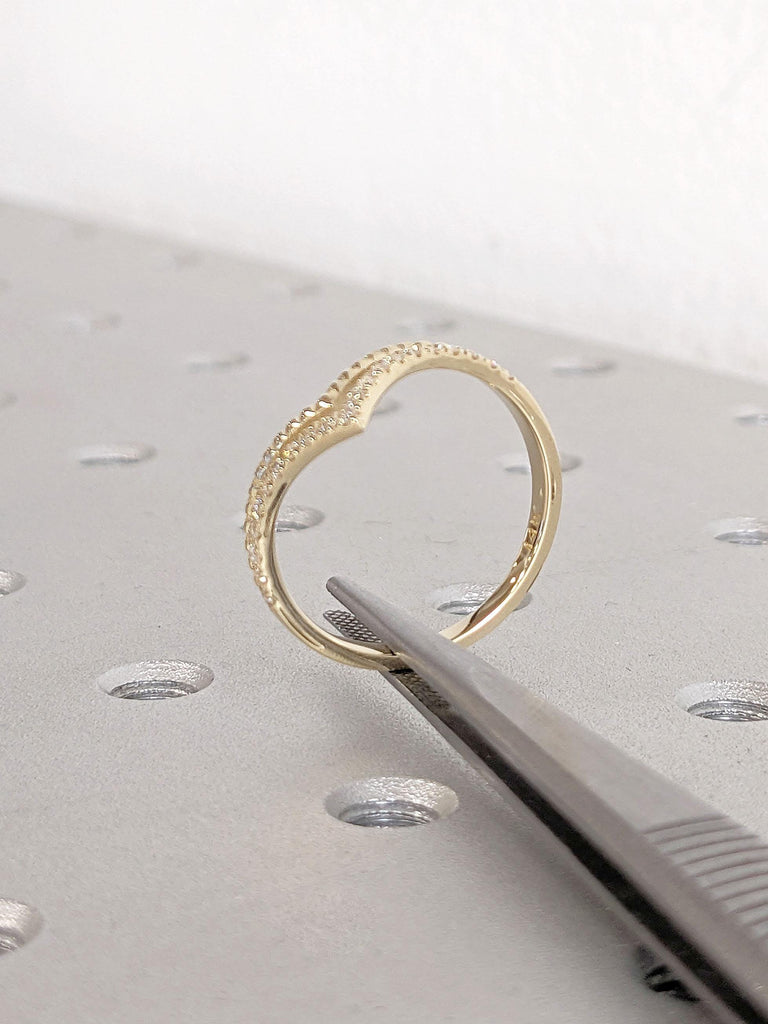 Vintage Moissanite Double Curved Wedding Band | Yellow Gold Moissanite Wedding Ring For Women Stacking Matching Promise Custom Ring Enhancer