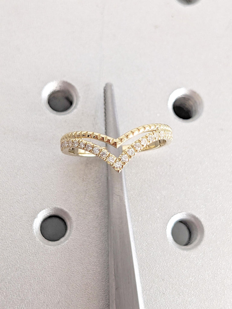 Double Wedding Bands Womens | Wedding Ring Set of Two in Solid 14K Yellow Gold, 1 Plain God Band and 1 Half Eternity Moissanite Wedding Band
