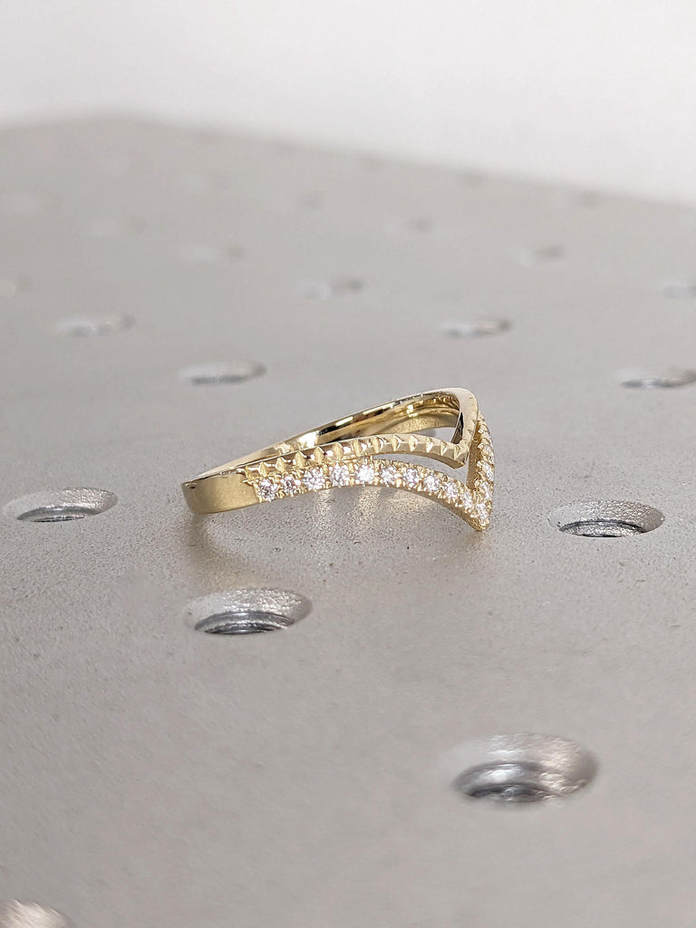 14k 18k Gold Rings for Women | Chevron Wedding Ring | V Shaped Stacking Matching Ring | IGI Diamond Cluster Ring