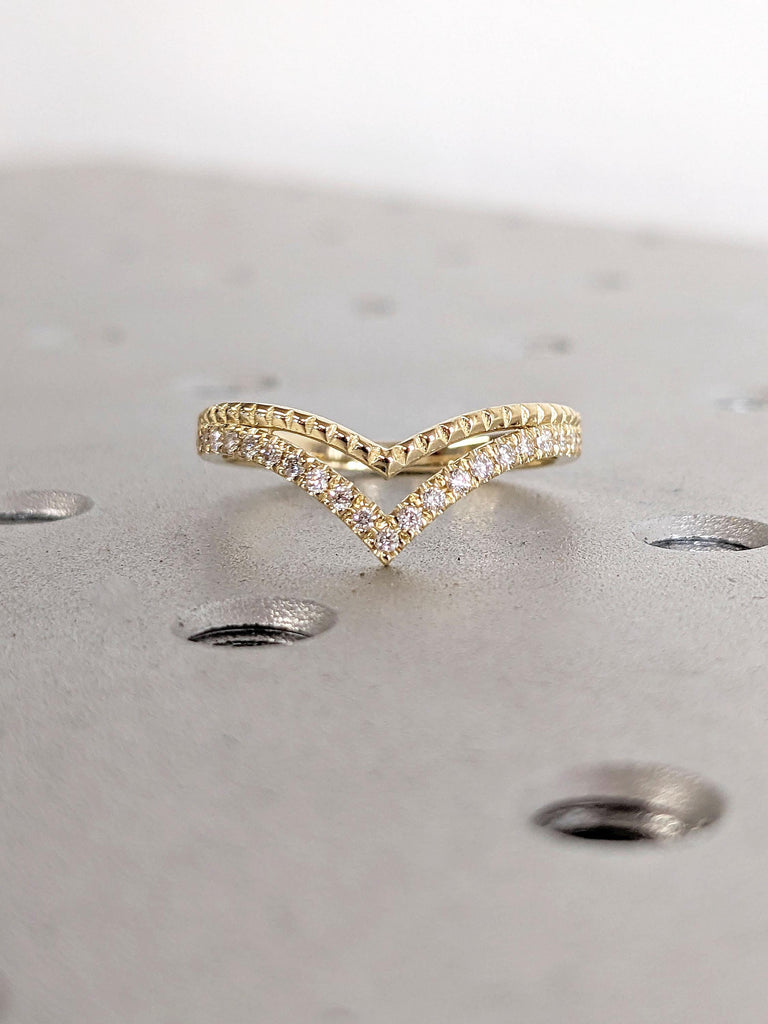 14k Gold Curved Wedding Ring, Solid Gold Royal Curve Ring, Dainty V Shaped Chevron Ring, Pave Lab Diamond Stacking Ring, Handmade Gifts