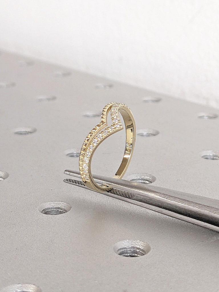 Vintage Moissanite Double Curved Wedding Band | Yellow Gold Moissanite Wedding Ring For Women Stacking Matching Promise Custom Ring Enhancer
