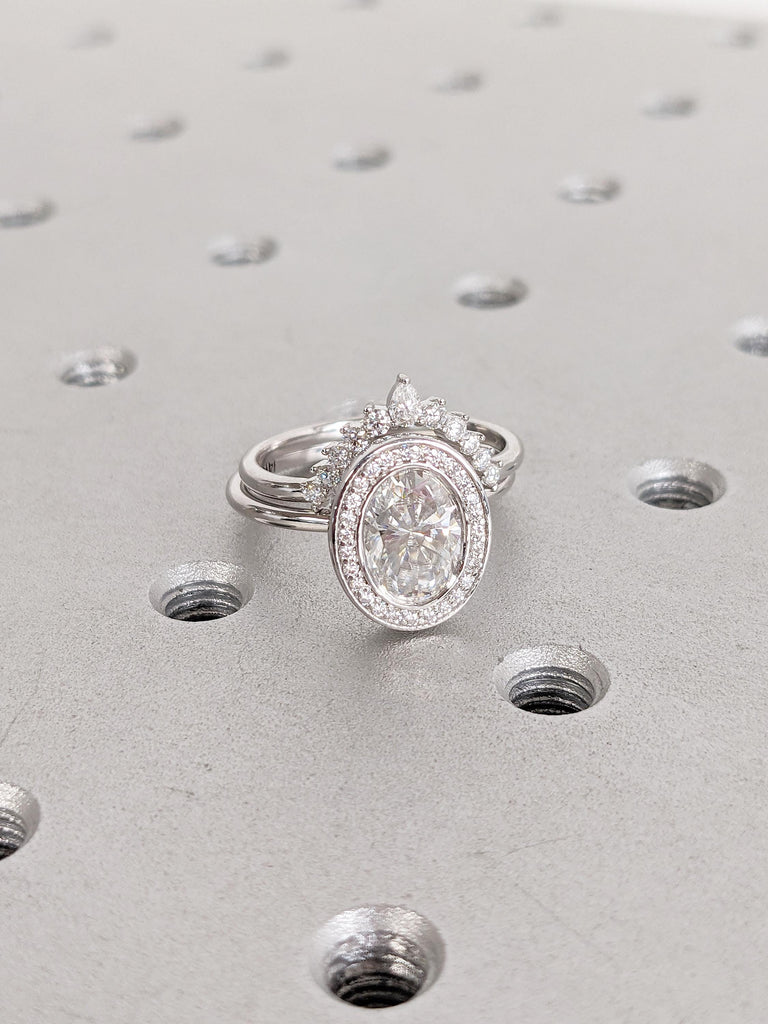 Art Deco Lab Diamond Ring, Oval 14k Gold Women Wedding Ring Set, Wedding Anniversary Gift for Wife, Stacking Ring Set, Unique Bezel Set Ring