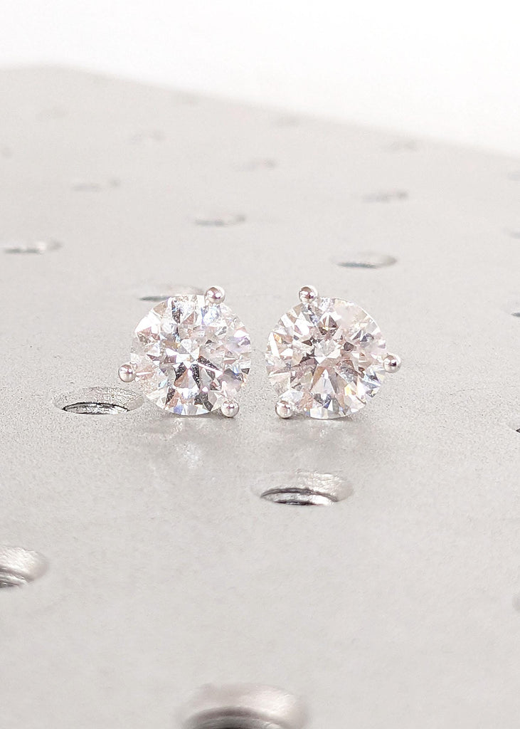 Three Prong Martini Diamond Earrings 1CT - 2CT Round Studs | 14K White Gold Lab Grown Earring Studs | 14K Gold Earrings | Certified Real Lab Created Earrings