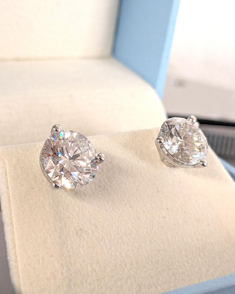 14k White Gold 3ct Round Solitaire Stud Earrings | Lab Grown Diamond Three Prong Martini Studs Wedding Earrings | Everyday Push Back Earring