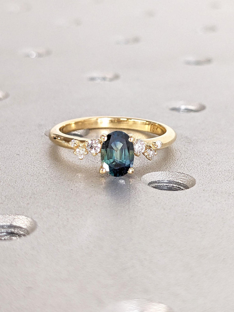 1ct Natural Blue Green Sapphire and Diamond Ring | Oval Engagement Ring | Simple Teal Sapphire Ring | 18k Yellow Gold Snowdrift Lab Grown Diamond Ring