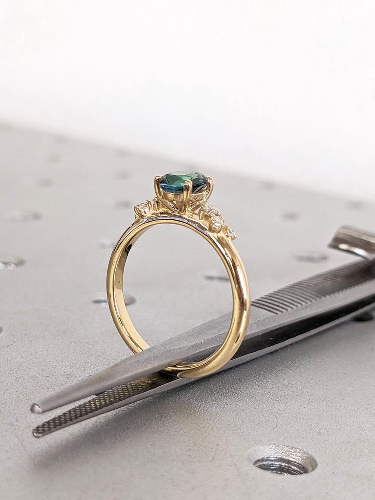 Peacock Sapphire 14k 18k Gold Engagement Ring | Women Wedding Ring | Moissanite Cluster Snowdrift Promise Anniversary Ring | Gift for Wife