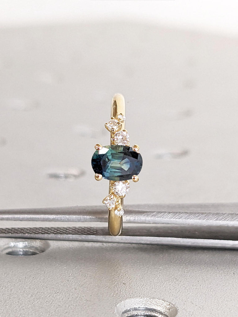 Greenish Sapphire Oval cut Ring | Promise Ring For Her | 1 Carat Engagement Ring for Women | Snowdrift Diamond Cluster Ring