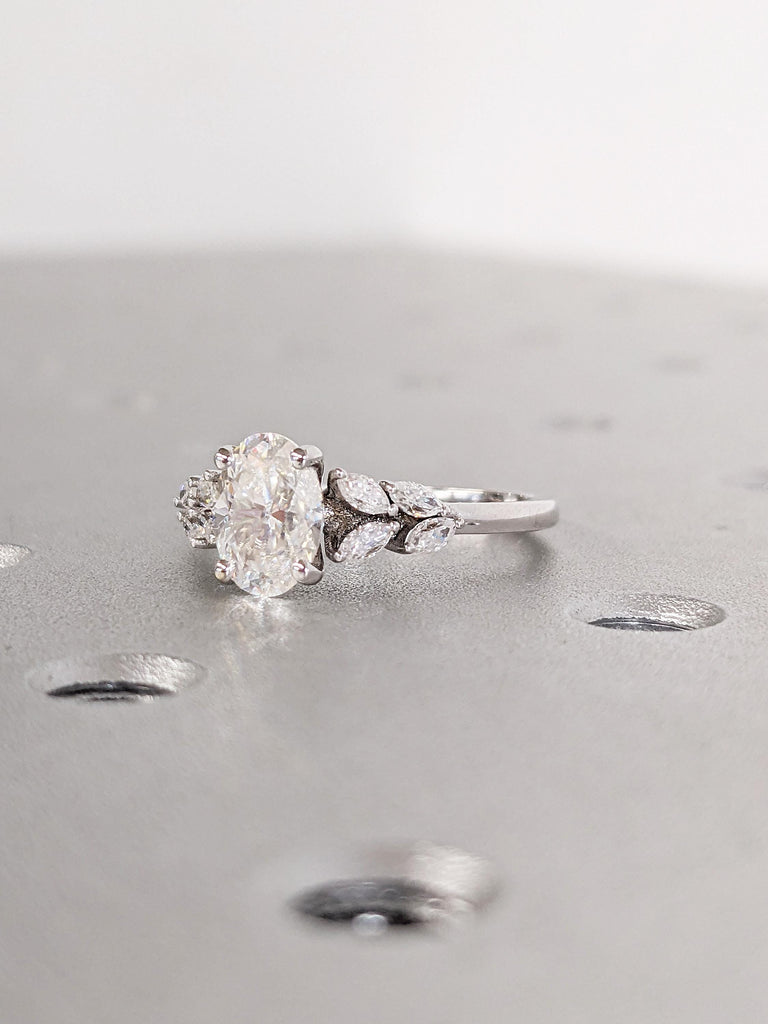 14k Gold Nature Inspired Engagement Ring, Dainty Oval Moissanite Ring, Moissanite and Diamond Cluster Ring, Unique Flower Ring, Bridal Gift