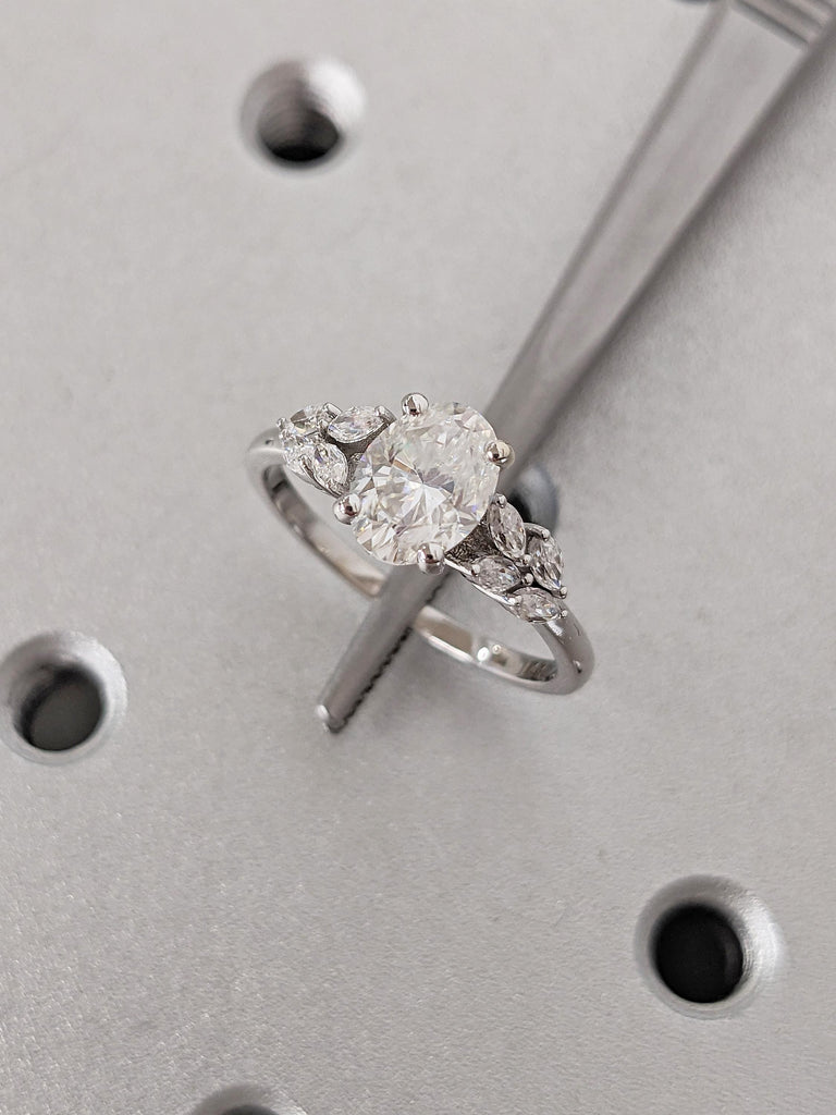 Oval Moissanite Engagement Ring, White Gold Ring, Art Deco Nature Inspired Ring, Marquise Cut Leaf Ring, Vintage Moissanite Rings for Women