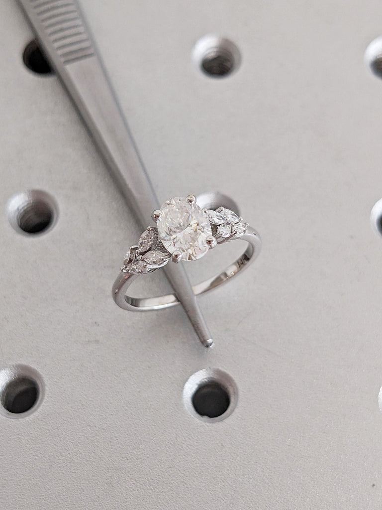 Oval Moissanite Engagement Ring, White Gold Ring, Art Deco Nature Inspired Ring, Marquise Cut Leaf Ring, Vintage Moissanite Rings for Women