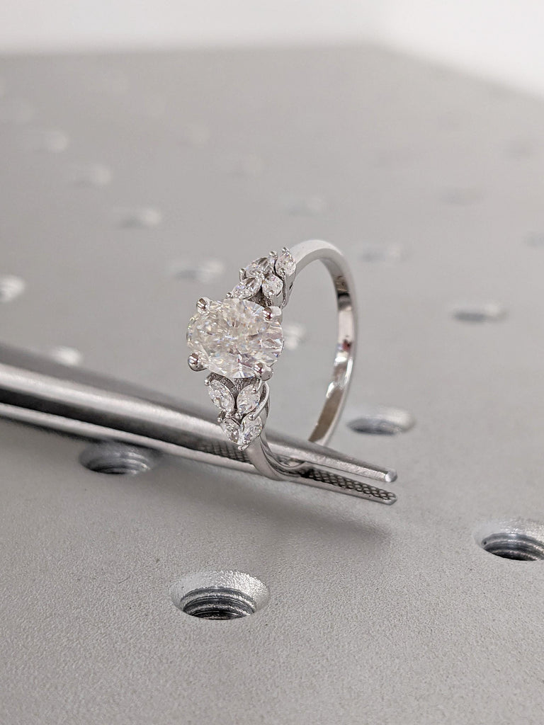 1ct Lab Grown Diamond Engagement Ring, 14k Gold Ring, Oval Lab Diamond Ring, Marquise Cut Diamond Cluster Ring, Nature Inspired Floral Ring