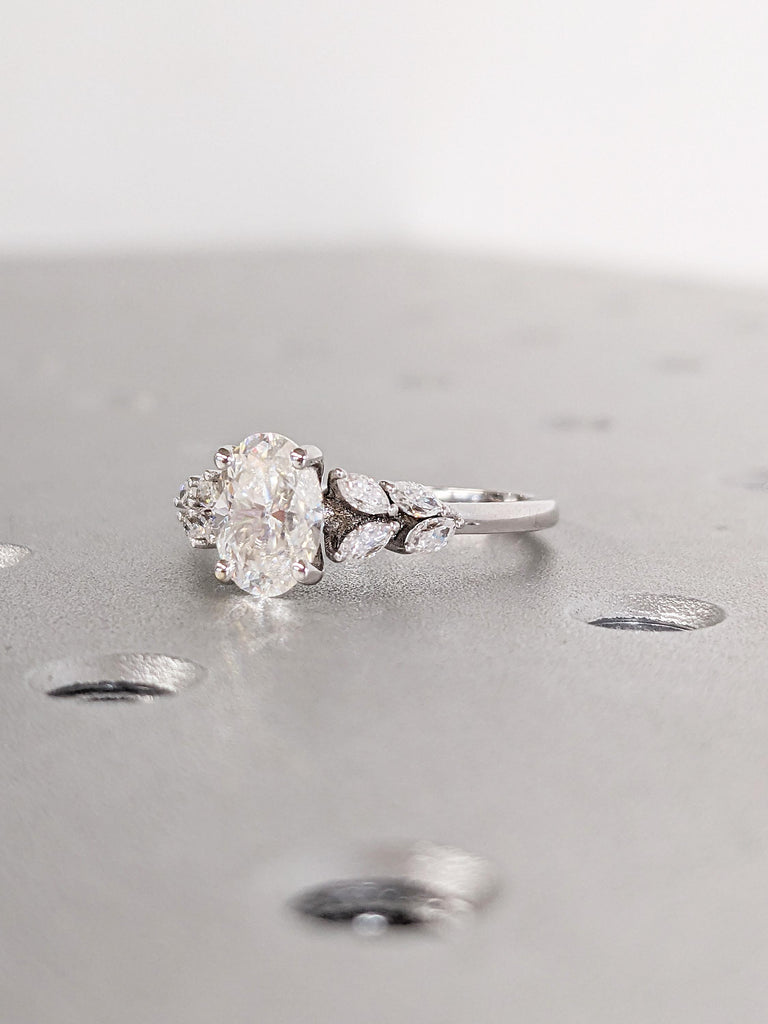 1ct Lab Grown Diamond Engagement Ring, 14k Gold Ring, Oval Lab Diamond Ring, Marquise Cut Diamond Cluster Ring, Nature Inspired Floral Ring