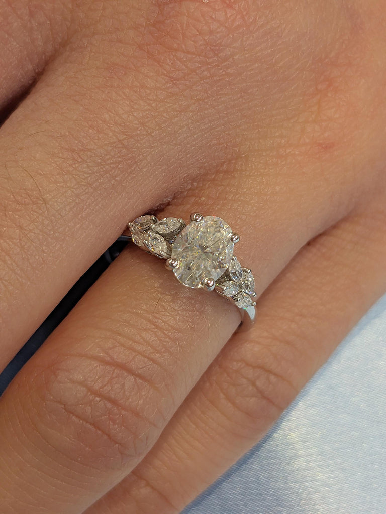 1ct Lab Grown Diamond Engagement Ring, 14k Gold Ring, Oval Lab Diamond Ring, Marquise Cut Diamond Cluster Ring, Nature Inspired Floral Ring