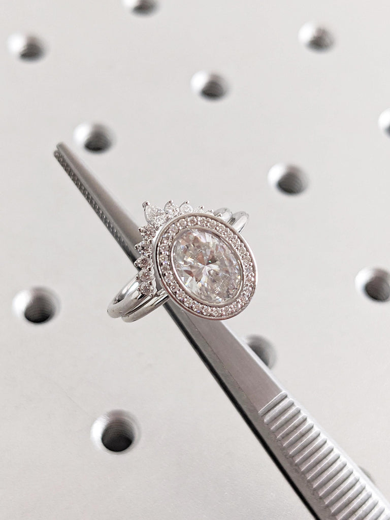 Oval Lab Created Diamond Ring, Dainty 14k White Gold Promise Ring for Her, Art Deco Wedding Rings for Women, Curved Crown Lab Diamond Ring