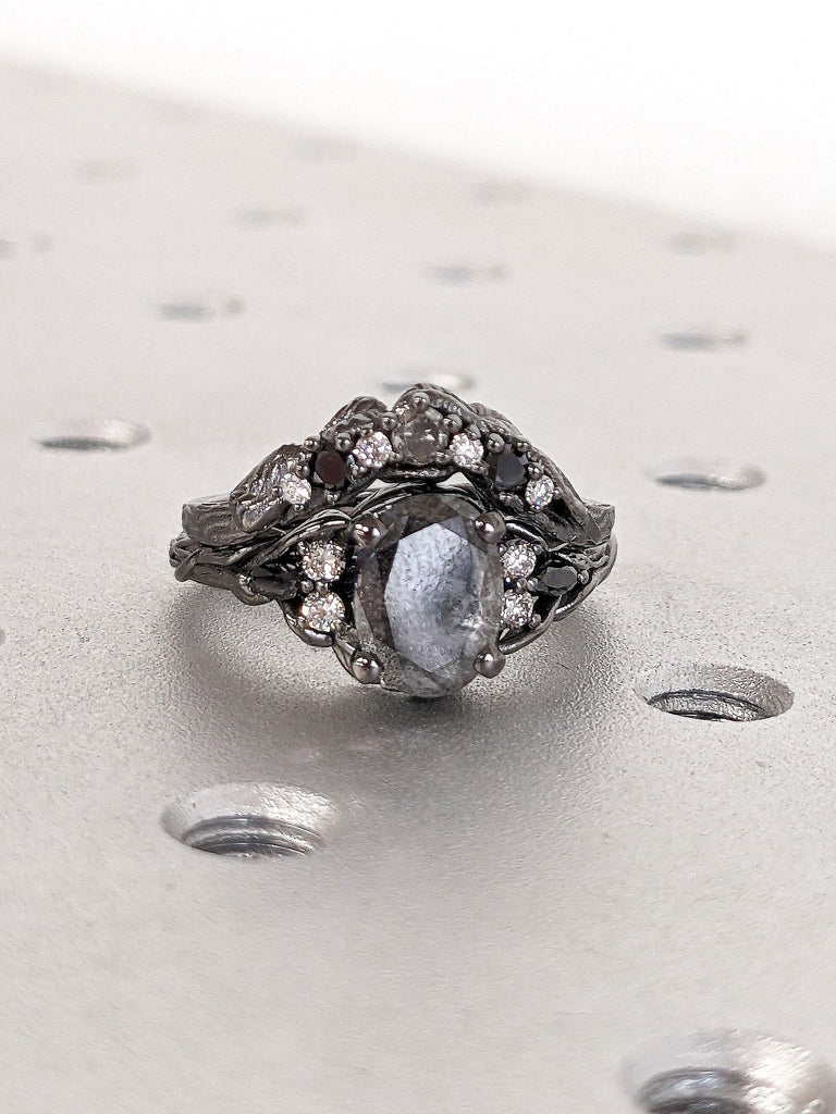 Art Deco Leaf Wedding Band | Black Gold Nature Inspire Leaf Branch Ring | Gothic Wedding Ring | Stacking Matching Custom Ring Anniversary Gift For Her | Diamond Cluster Ring | Black Salt and Pepper Diamond