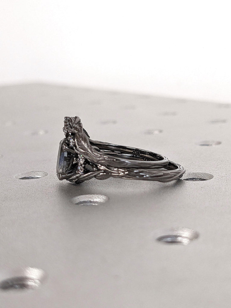 Gothic Black Engagement Ring | Oval cut Salt and Pepper Diamond | 14k 18k Gold Ring | Leaf Ring | Twig Branch Tree Bark Ring | Handmade Ring