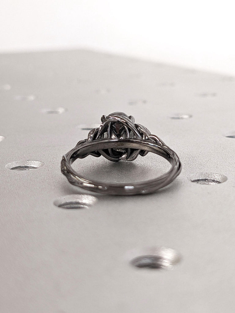 Gothic Black Engagement Ring | Oval cut Salt and Pepper Diamond | 14k 18k Gold Ring | Leaf Ring | Twig Branch Tree Bark Ring | Handmade Ring