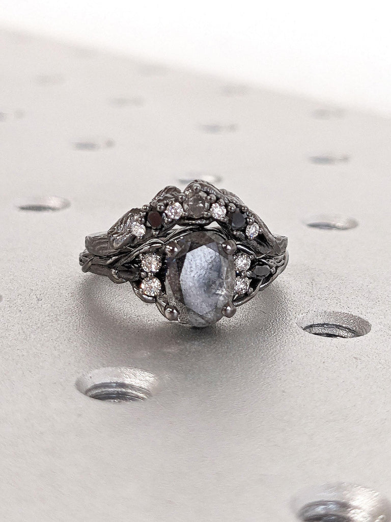 1.5 Carat Oval cut Salt and Pepper Black Diamond Engagement Ring | 14k Black Gold Ring | Natural Diamond Cluster Ring | Stacking Ring Bridal Set | Gothic Black Wedding Engagement