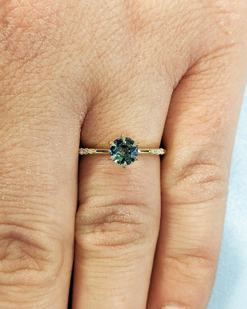 14K Solid Gold Sapphire Ring | 0.5ct Teal Sapphire | Dainty Engagement Ring | Minimalist Wedding Ring for Women | Tiny Simple Thin Gold Ring