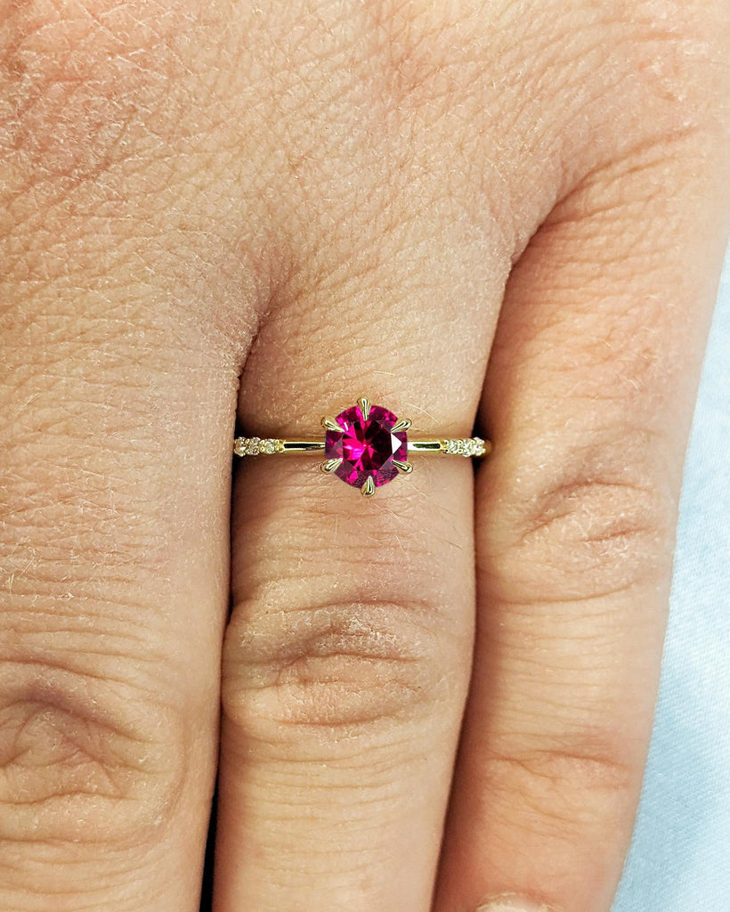 Dainty Red Ruby Ring: Round cut Lab Ruby, Side Accents (Diamond or Moissanite), Tapered Band, 14k Solid Gold, Women's Engagement Ring