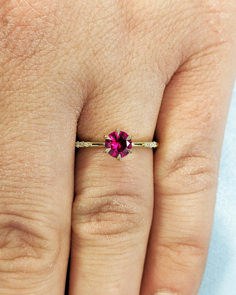 14K Solid Gold Tiny Round Ruby Ring | Lab Ruby Ring | Dainty Engagement Ring | Minimalist Wedding Ring for Women | Tiny Ring | Delicate Ring