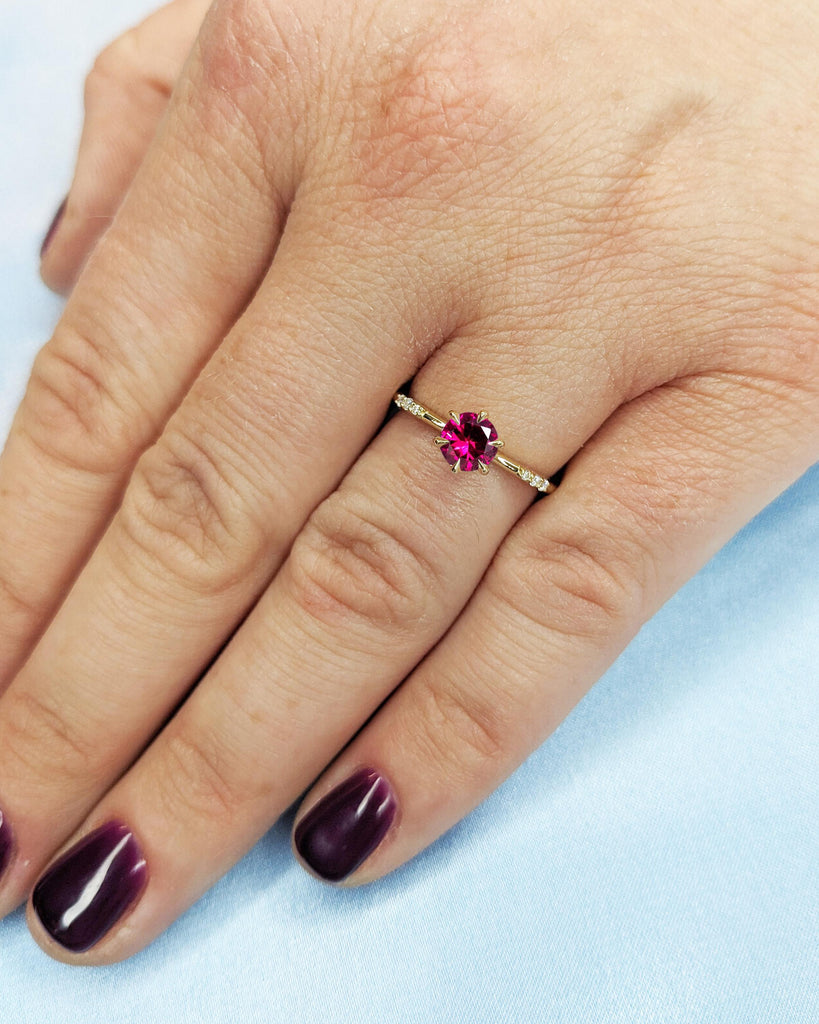 14K Solid Gold Tiny Round Ruby Ring | Lab Ruby Ring | Dainty Engagement Ring | Minimalist Wedding Ring for Women | Tiny Ring | Delicate Ring