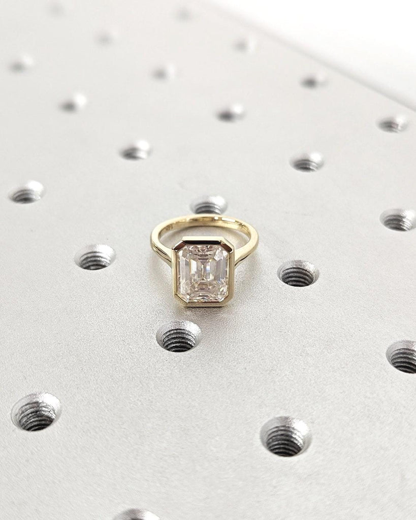 3ct Emerald Cut Lab Grown Diamond Solitaire Ring | 14K Yellow Gold Engagement Ring Bezel Setting | Statement Ring, Gift For Her, Minimalist