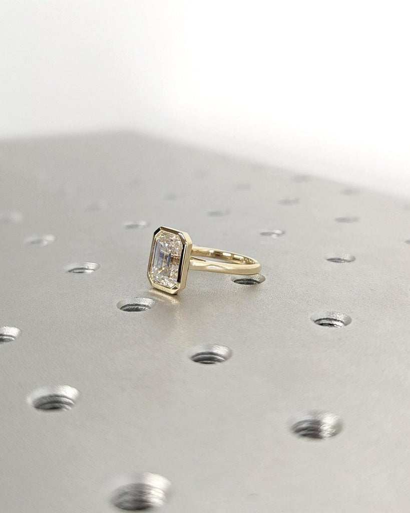 3ct Emerald Cut Lab Grown Diamond Solitaire Ring | 14K Yellow Gold Engagement Ring Bezel Setting | Statement Ring, Gift For Her, Minimalist