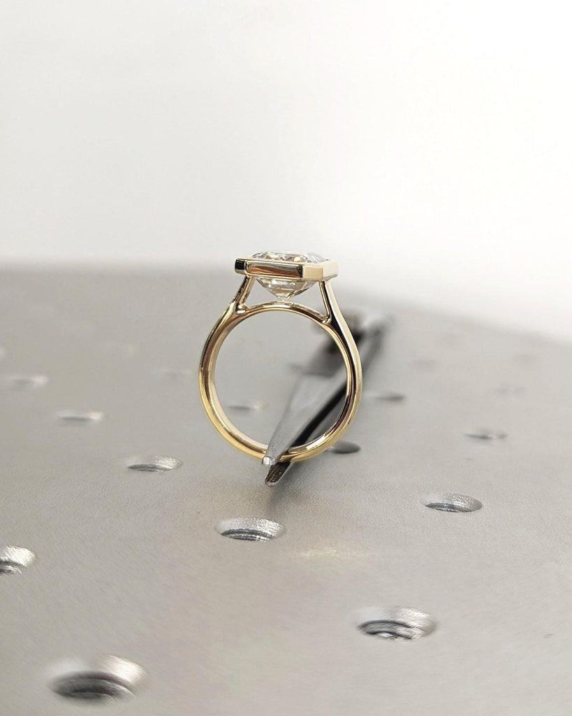 3ct Emerald Cut Lab Grown Diamond Solitaire Ring | 14K Yellow Gold Engagement Ring Bezel Setting | Statement Ring, Gift For Her, Minimalist